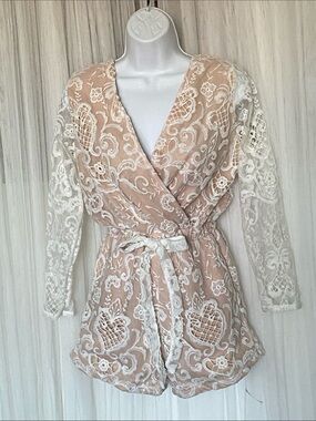 Women's Lace Overlay Wrap Romper - Blush/Cream by Two Sisters Long Sleeves Sz 6